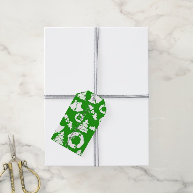 Grüner Weihnachtsbaum und Geschenkmarken Geschenkanhänger (Mit Garn)