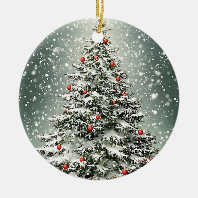 Grüner Weihnachtsbaum Weiße Schnee schön Keramik Ornament (Vorne)