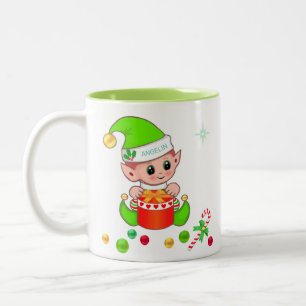 Grüner Weihnachtself, Zuckerstange und Weihnachtsk Zweifarbige Tasse