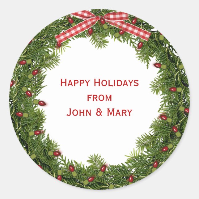 grüner Weihnachtskranz mit roter Lichtzeichenfolge Runder Aufkleber (Vorderseite)