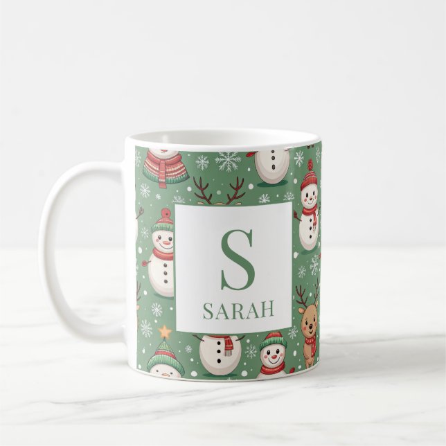 Grüner Weihnachtsmann & Rentier Monogramm Name Kaffeetasse (Links)