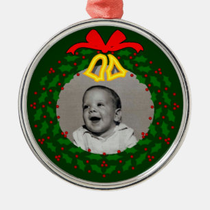 Grüner Weihnachtswreath-Foto-Rahmen Silbernes Ornament