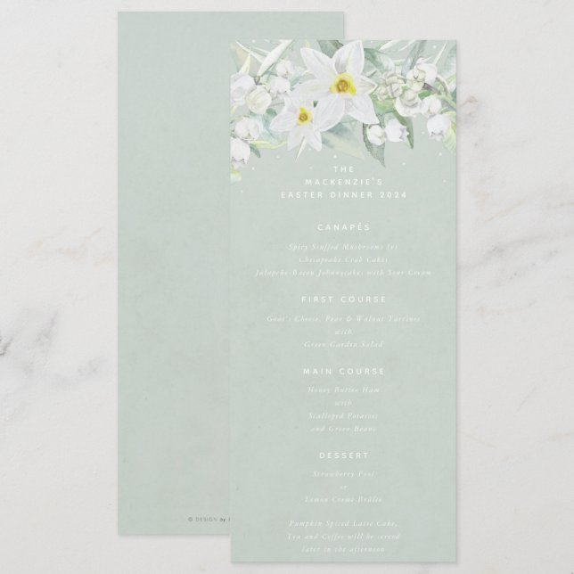 Grüner weißer Frühling Florals Flat 4 Course Oster Menükarte (Vorne/Hinten)
