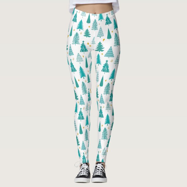 Grüner Winterwald-Weihnachtsbaum-Muster Leggings (Vorderseite)
