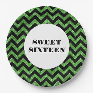Grüner Zickzack Glitzer Sweet 16 Paper Tellers Pappteller