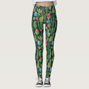 Grünes Aquamarin blühendes Kakteen-Muster Leggings