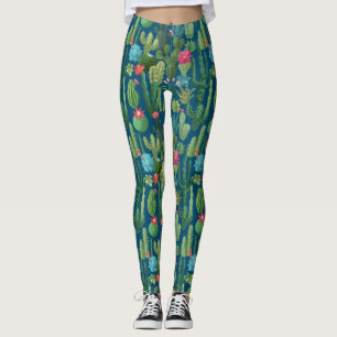 Grünes Aquamarin blühendes Kakteen-Muster Leggings