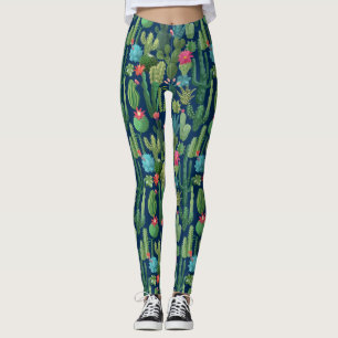 Grünes Aquamarin blühendes Kakteen-Muster Leggings