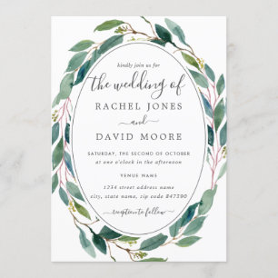 Grünes Aquarell-BlumenKranz-Hochzeit Einladung