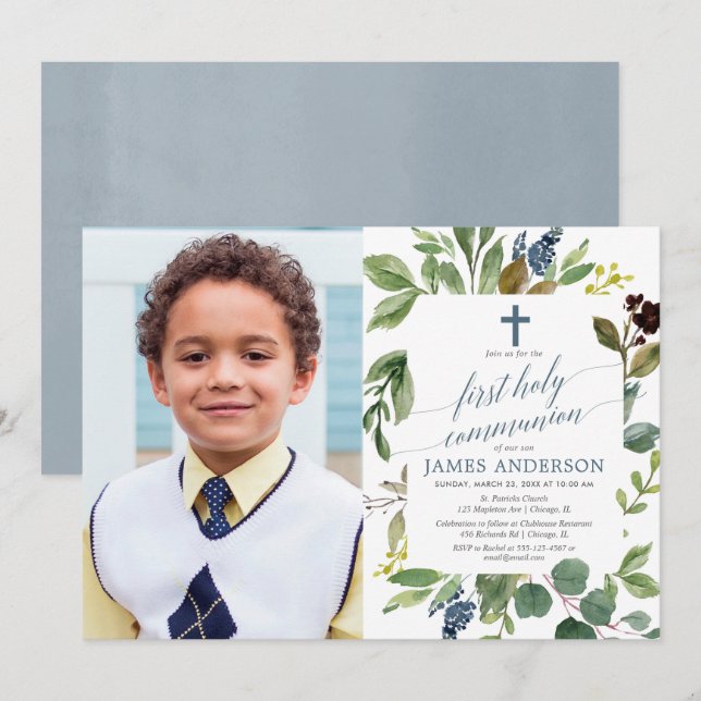 Grünes Aquarell Dusty Blue Junge Kommunion Foto Einladung (Vorne/Hinten)