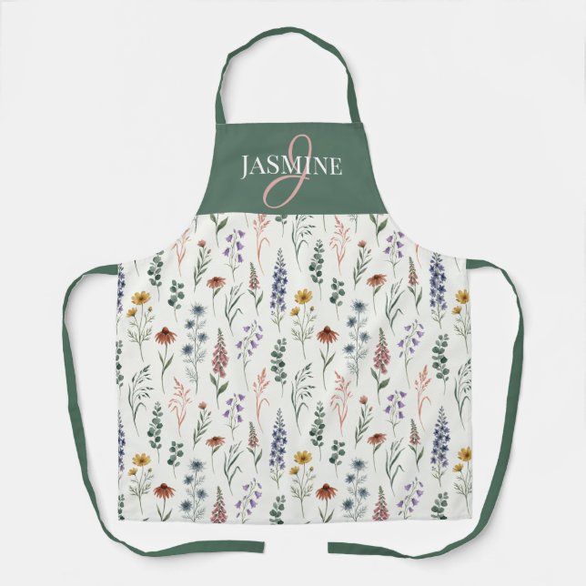 Grünes Aquarell-Wildblumen-Boho-Monogramm-Name Schürze (Vorderseite)