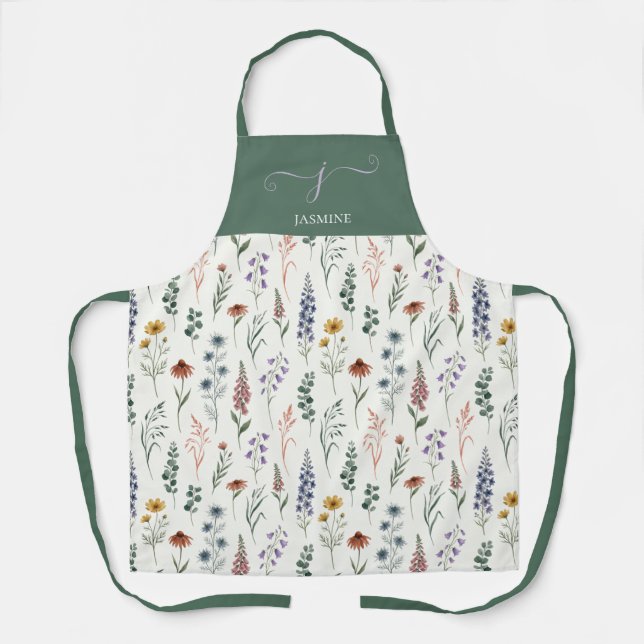 Grünes Aquarell-Wildblumen-Boho-Monogramm-Name Schürze (Vorderseite)