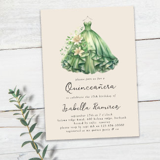 Grünes Aquarellkleid Elegantes Quinceñera Einladung