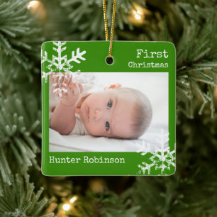 Grünes Baby Erstes Weihnachtsfoto Keramikornament