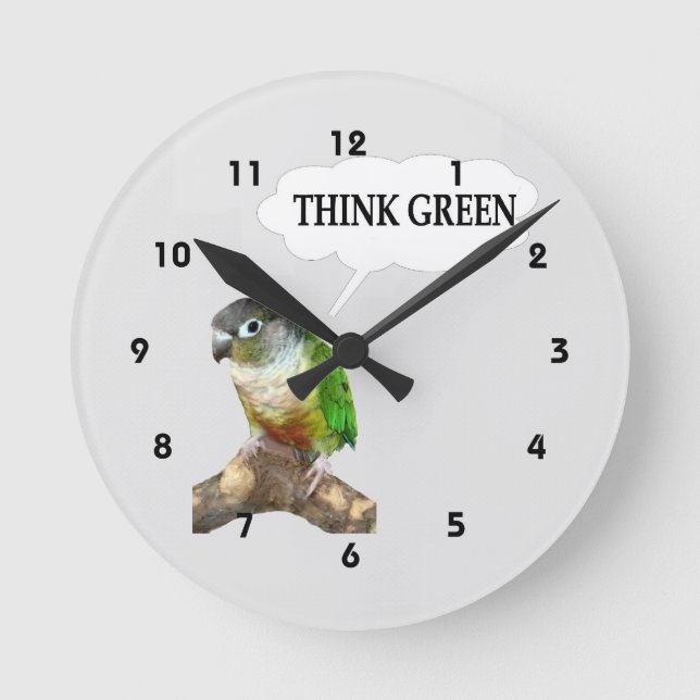 Grünes Backe Conure denke ökologisch Runde Wanduhr (Vorderseite)
