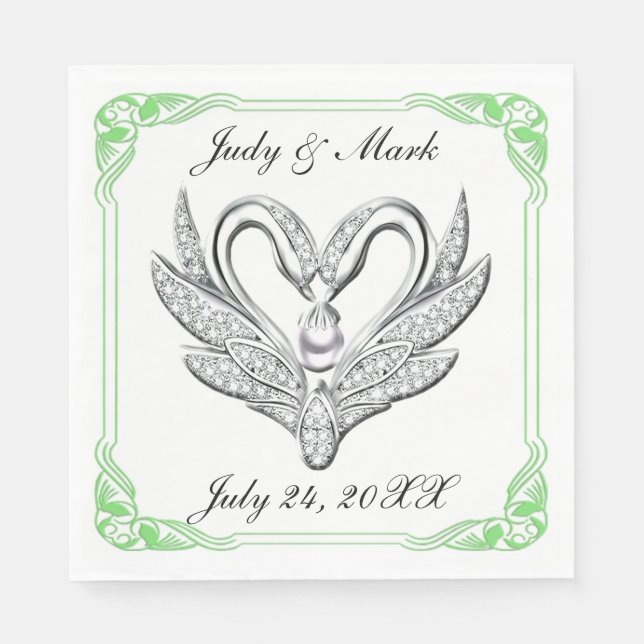 Grünes Band Silver Swans Papier Napkins Serviette (Vorderseite)