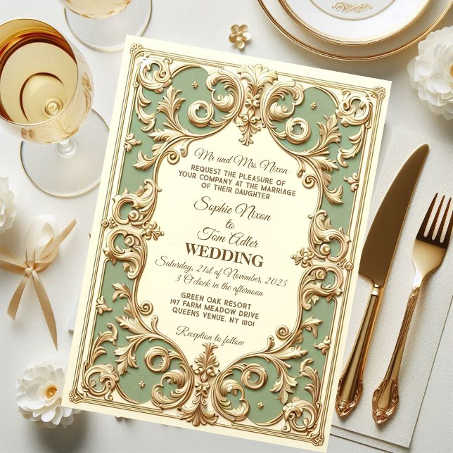 Grünes Barock Grandeur Blumenmotiv Imitats Gold Einladung (Soft Green Baroque Grandeur Floral Motif Faux Gold Invitation)