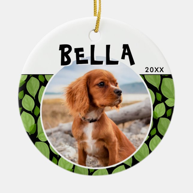 Grünes Basil-Leaf-Muster Puppy-Hund-Foto Keramik Ornament (Vorne)
