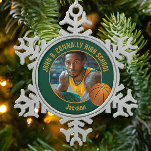 Grünes Basketballspieler-Foto mit goldenem Schrift Schneeflocken Zinn-Ornament