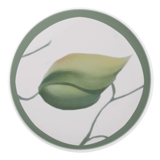 Grünes Blatt auf Sahnehintergrund Keramikknauf (Vorderseite)