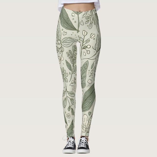 Grünes Blattmuster Leggings | Natur Yoga (Vorderseite)
