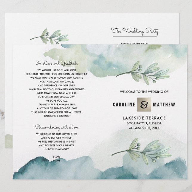Grünes blaues Berry Branch Watercolor Hochzeitspro (Vorne/Hinten)
