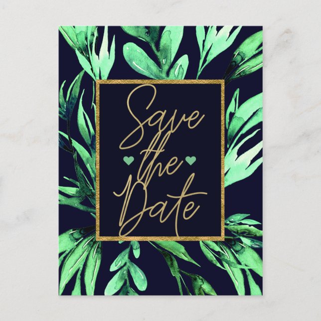 Grünes blaues Wasser Botanisches Glam Save the Dat Ankündigungspostkarte (Vorderseite)