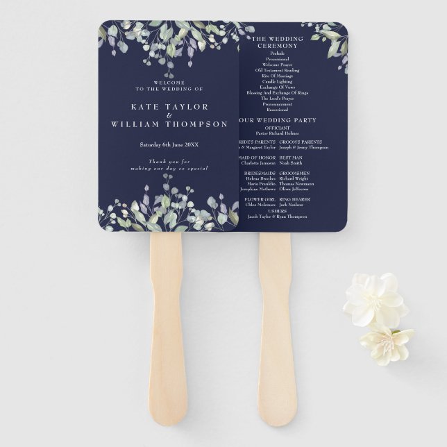 Grünes Blumen Hochzeitsprogramm in Marineblau Fächer (Vorne und Hinten)