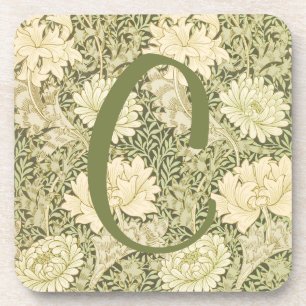 Grünes Blumendesign von Wm Morris mit Monogramm Getränkeuntersetzer