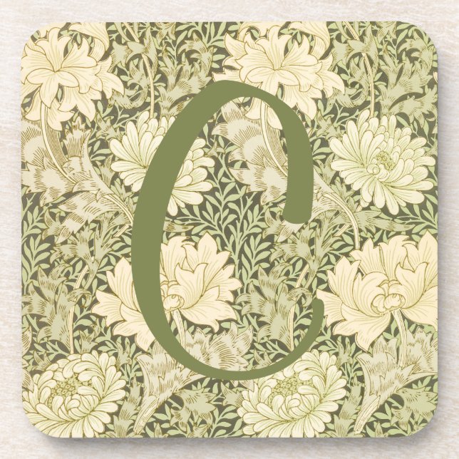 Grünes Blumendesign von Wm Morris mit Monogramm Getränkeuntersetzer (Vorderseite)