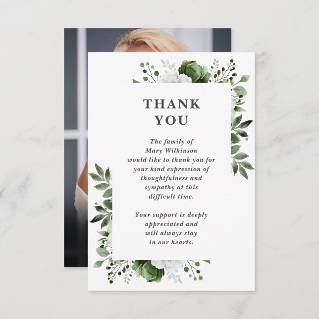 Grünes Blumenfest zum Foto Lebensbeerdigung Dankeskarte (Vorne/Hinten)