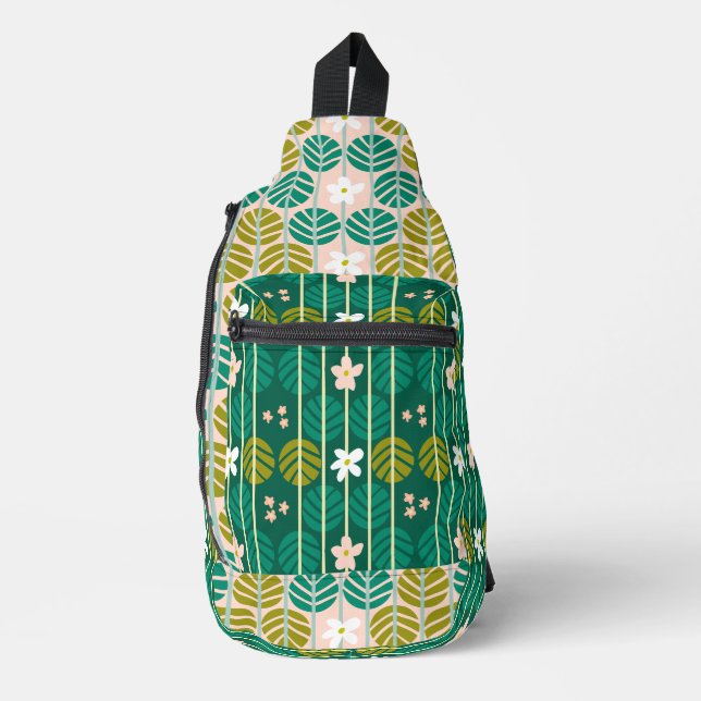 Grünes Blumenmuster Groovy Retro Boho Crossbody Bag (Vorderseite)