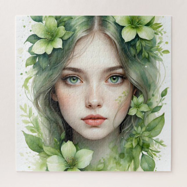 Grünes Blumenportrait einer Frau (Vertikal)