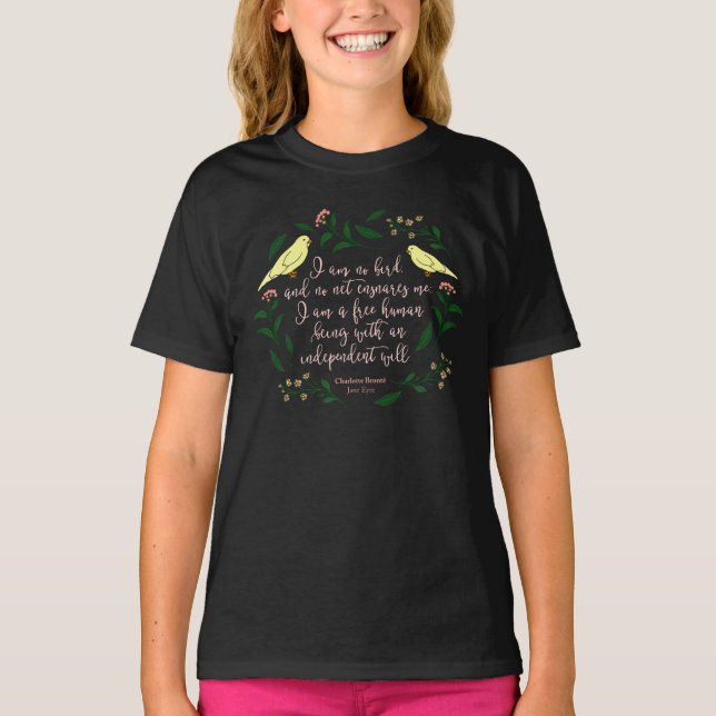 Grünes Blumenvogel-Zitat Jane Eyre Charlotte T-Shirt (Vorderseite)