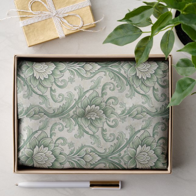 Grünes botanisches Vintage-Muster Seidenpapier (Geschenk)