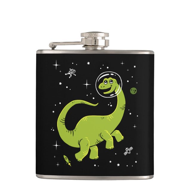 Grünes Brontosaurus Dinos im Weltraum Flachmann (Vorderseite)