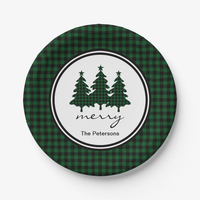 Grünes Buffalo Karo Pine Trees Personalisiert Pape Pappteller (Vorderseite)