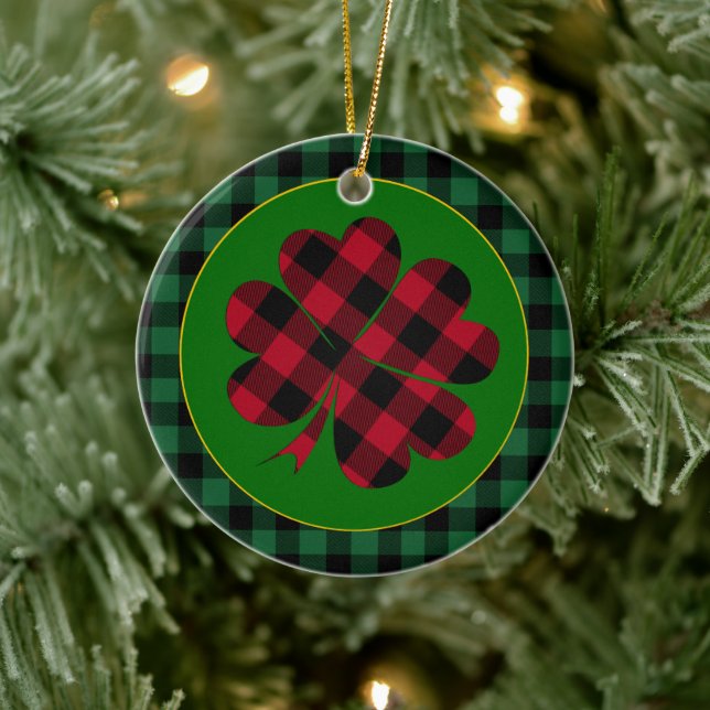 Grünes Büffel, kariertes Kleeblatt, Lucky Clover C Keramik Ornament (Baum)