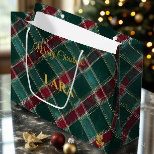 Grünes, Burgunderrotes und Weißes Karo-Weihnachtsg Große Geschenktüte