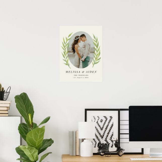 Grünes einfaches Zweigstellennetz Oval Wedding Fot Poster (Heimbüro)