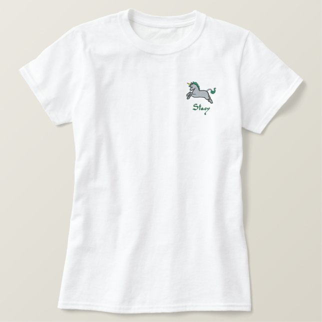 Grünes Einhorn besticktes Shirt (Design vorne)
