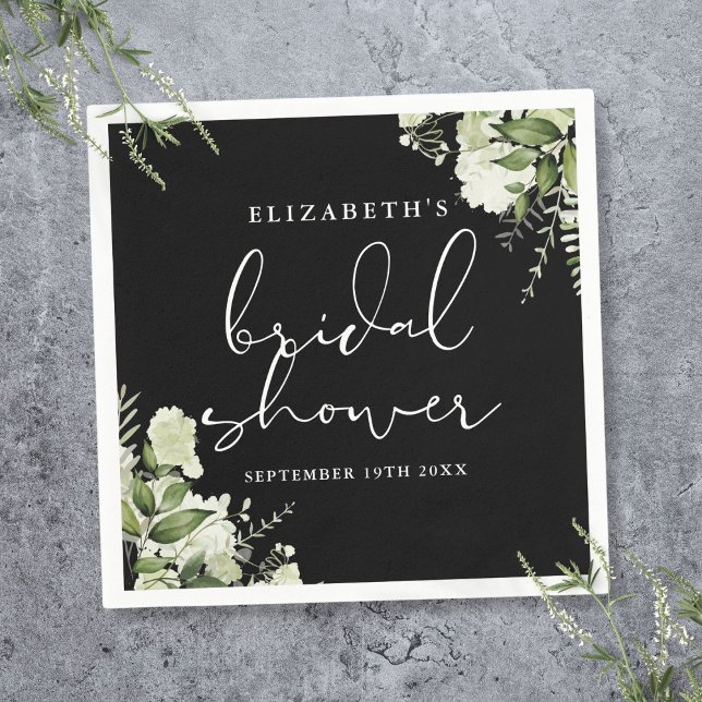 Grünes elegantes Schwarz-Weiß-Brautparty Serviette (Greenery Elegant Black And White Bridal Shower Napkins)