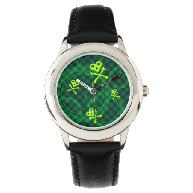 Grünes Emo-Muster mit Kreisen Armbanduhr (Vorderseite)