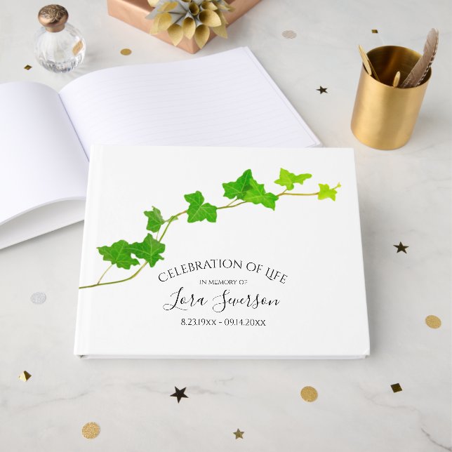 Grünes Englisch Ivy Vine Beerdigung Memorial Gästebuch (Vorderseite Offen)
