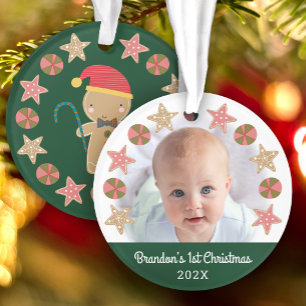 Grünes erstes Weihnachtsbaby-Foto Lebkuchenjunge Ornament