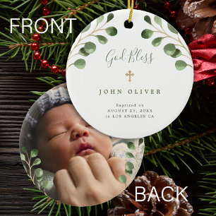 Grünes Eukalyptuslaub Baby‑Taufoto Keramik Ornament