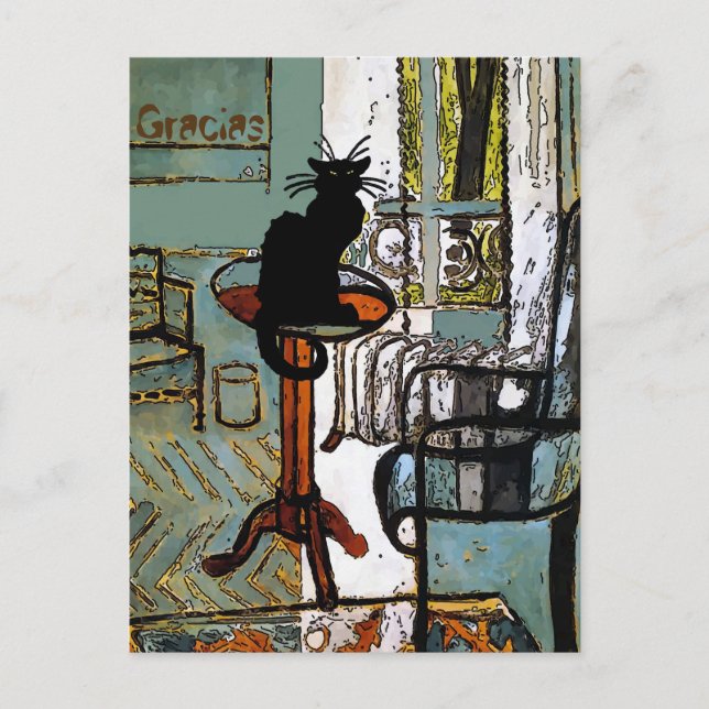 Grünes Fenster mit schwarzer Katze, Gracias, Text  Postkarte (Vorderseite)