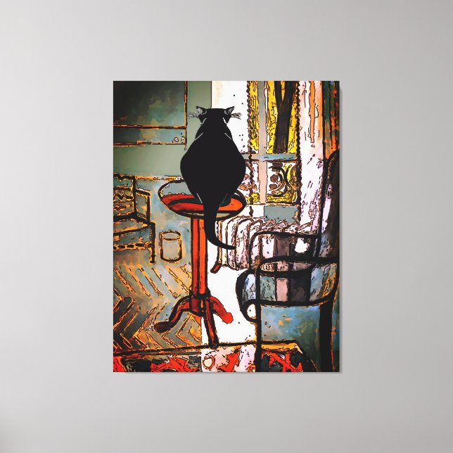 Grünes Fenster mit schwarzer Katze Leinwanddruck (Vorderseite)