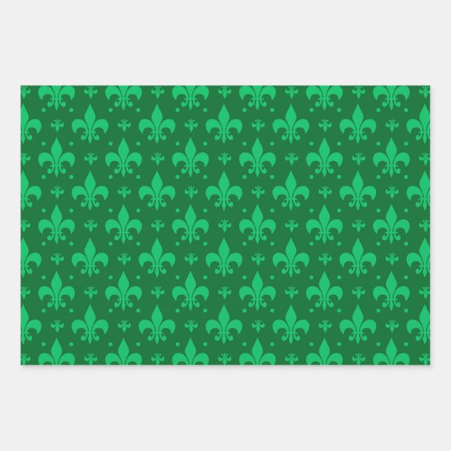 Grünes Fleur-de-lis-Muster Geschenkpapier Set (Vorderseite)