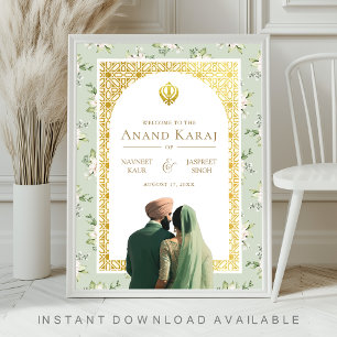 Grünes Florales Anand Karaj Sikh Hochzeits Willkom Poster